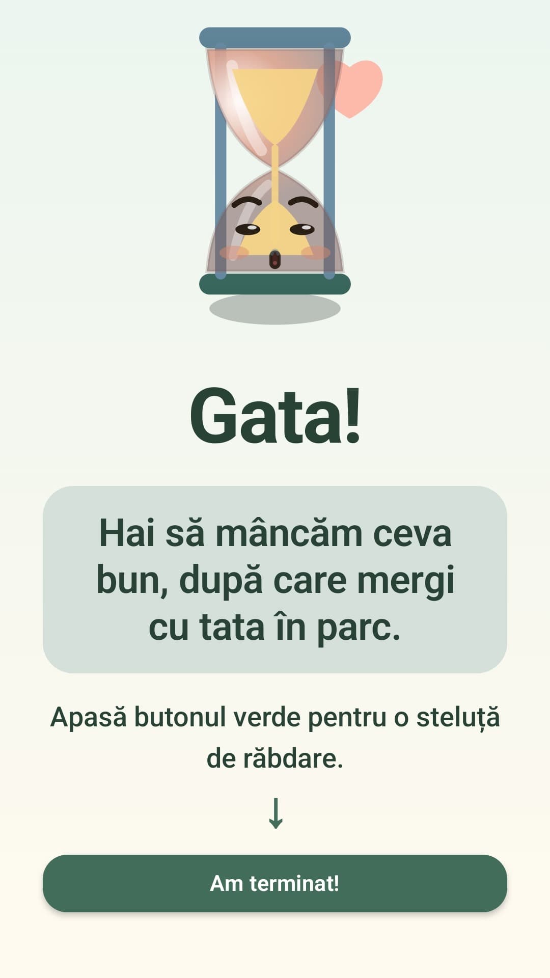 Ecranul de final de repriză în Pauzi, cu activitatea propusă după telefon și butonul pentru steluța de răbdare